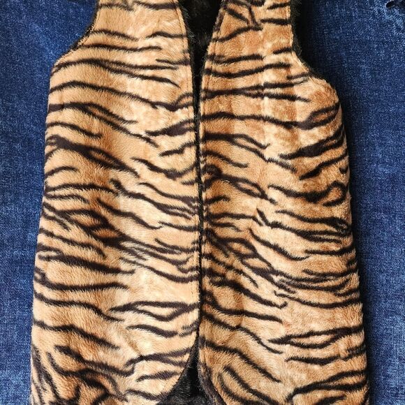 Vintage Hollywood Fur Vest Reversible Animal Print Black Brass Gold - Picture 8 of 12